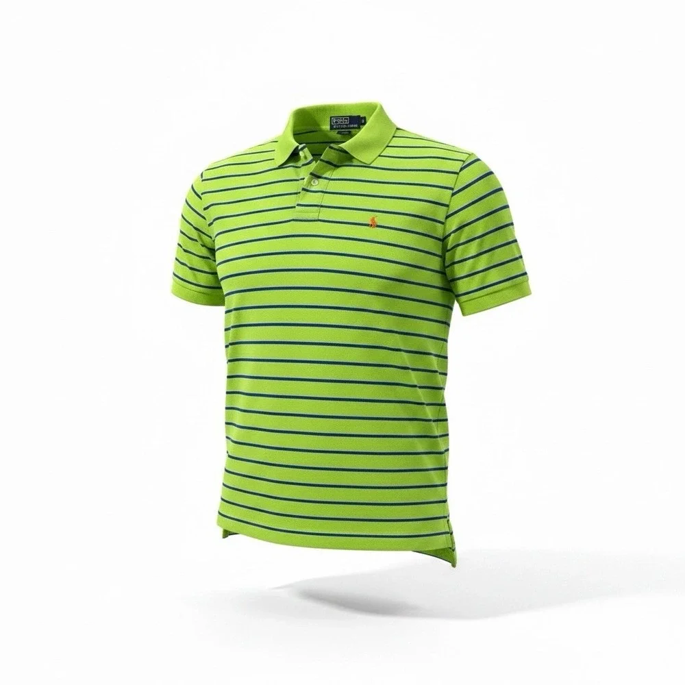 Polo Ralph Lauren Mens M Green Blue Striped Polo Shirt Orange Pony Cotton